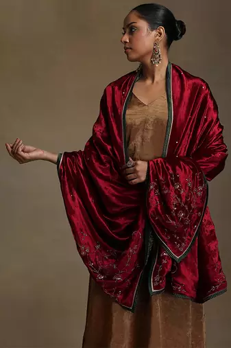 Red hand embroidered velvet doshala