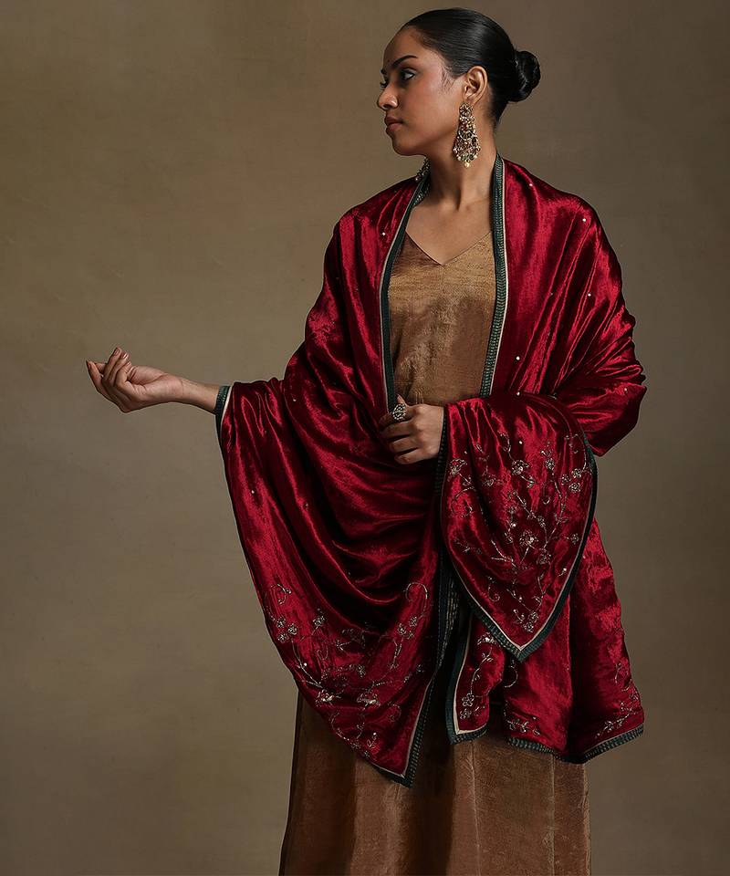 Red hand embroidered velvet doshala