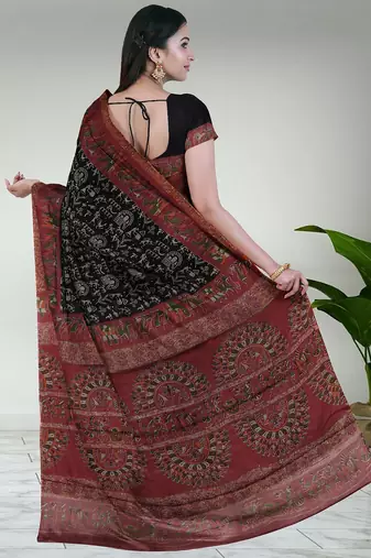 Eerie black & brick red south cotton saree with running blouse