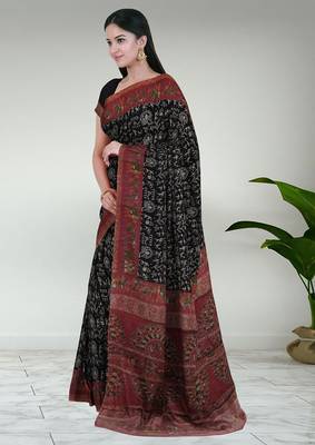 Eerie black & brick red south cotton saree with running blouse 4