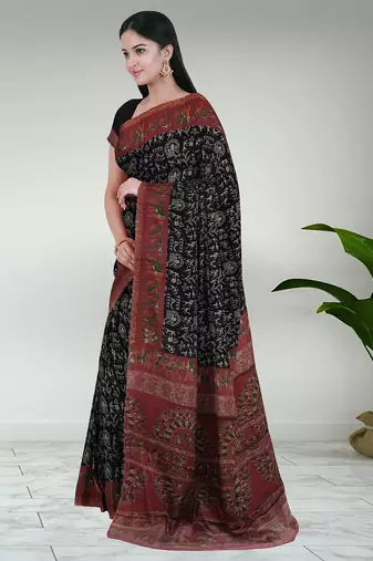 Eerie black & brick red south cotton saree with running blouse