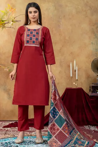Maroon dhabu cotton partywear readymade suit