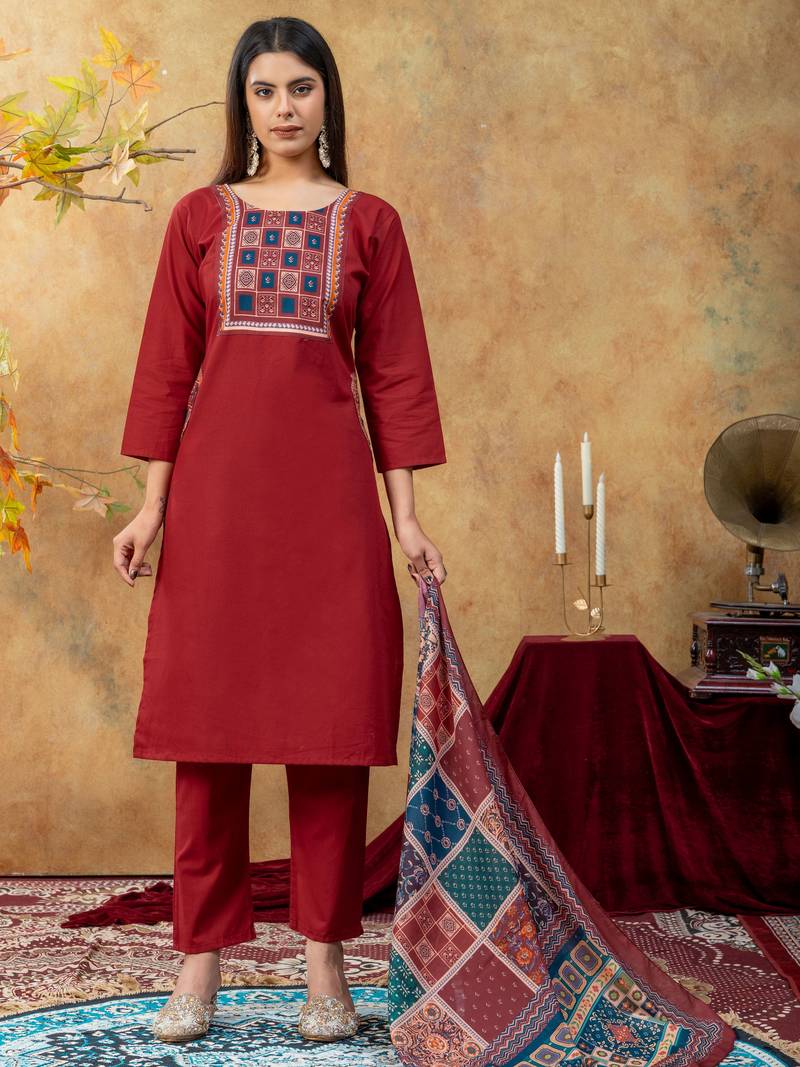 Maroon dhabu cotton partywear readymade suit