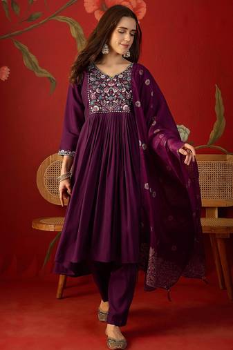 Wine roman silk partywear readymade suit
