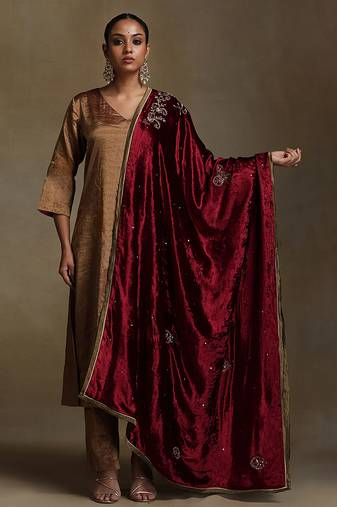 Red hand embroidered velvet doshala