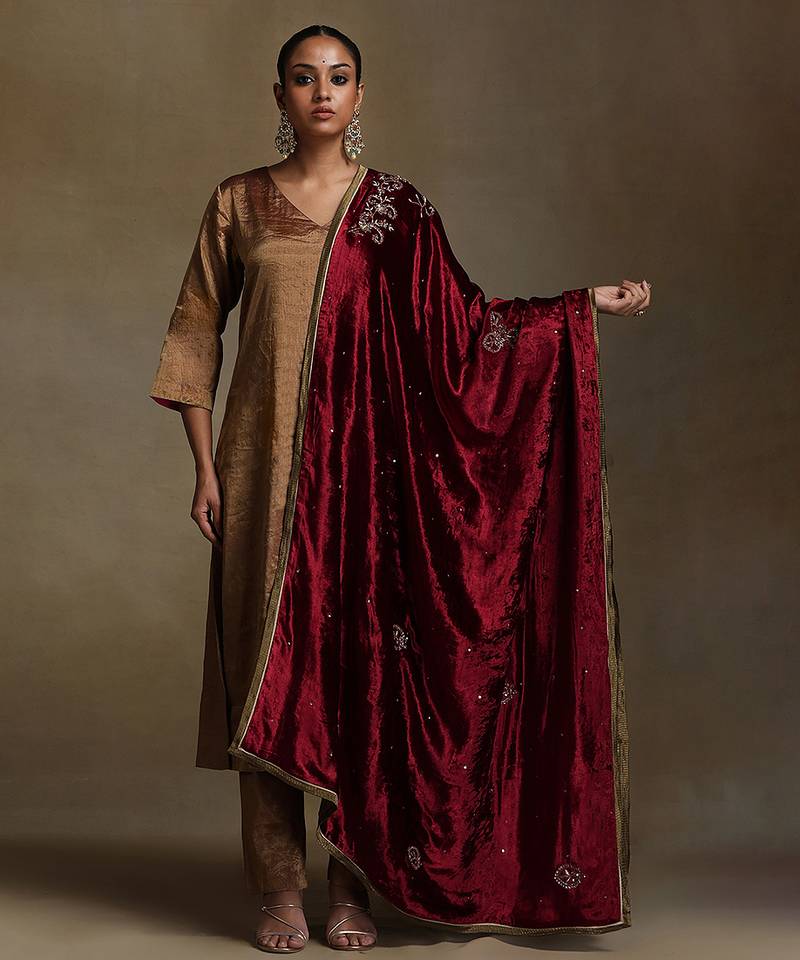 Red hand embroidered velvet doshala
