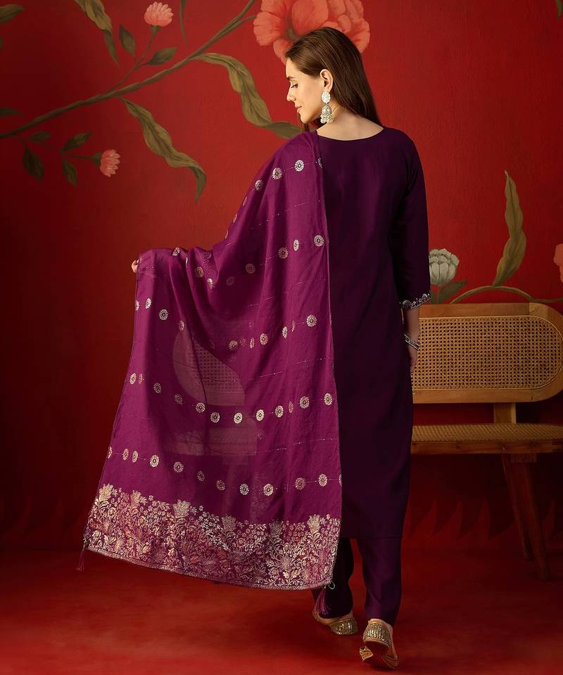 Wine roman silk partywear readymade suit