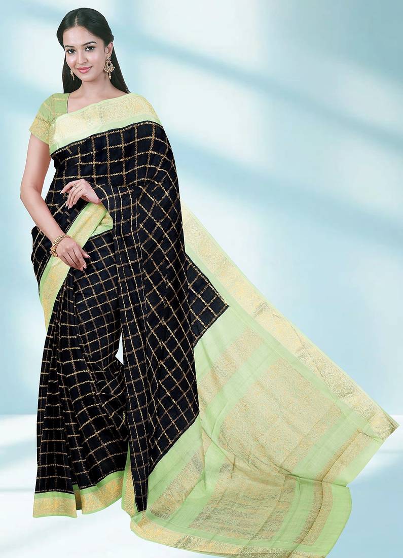Jet black & mint green madurai sungudi saree with running blouse