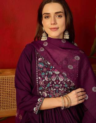 Wine roman silk partywear readymade suit 3