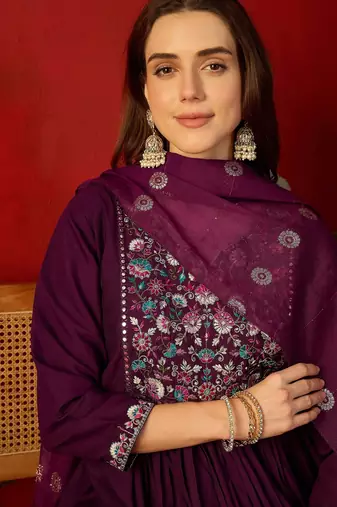 Wine color roman silk fabric beautiful partywear readymade suit