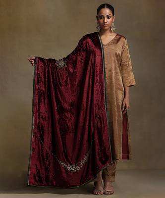 Maroon hand embroidered velvet doshala 1