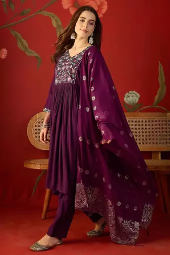 Wine color roman silk fabric beautiful partywear readymade suit