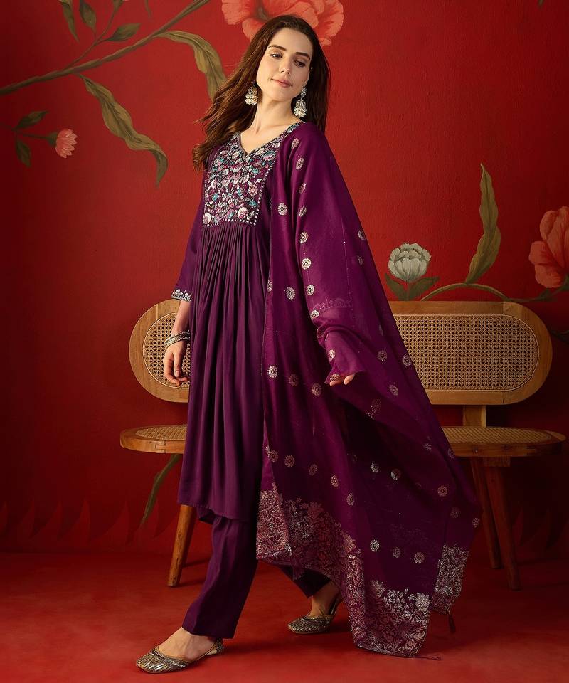 Wine roman silk partywear readymade suit