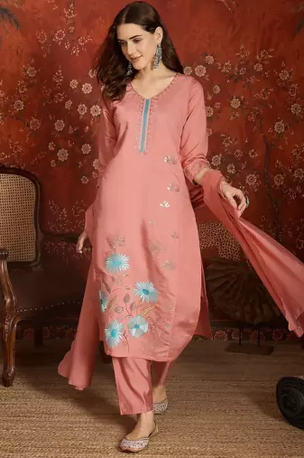 Peach color roman silk fabric beautiful partywear readymade suit