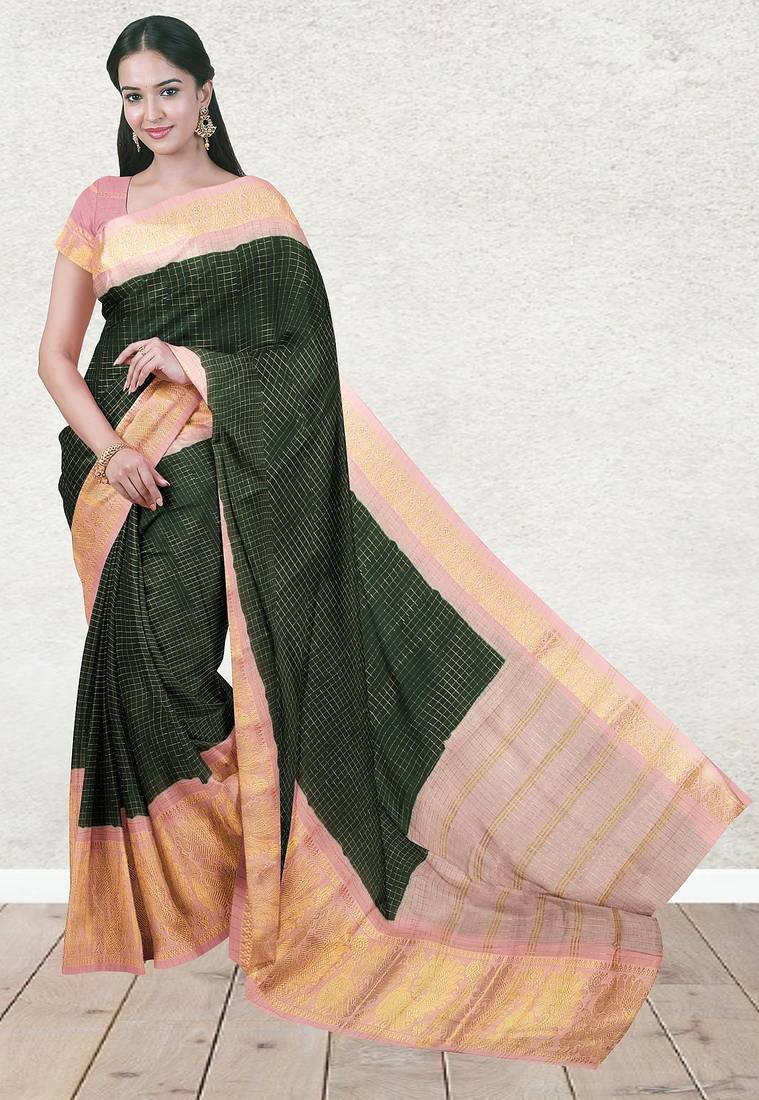 Palm green & blush pink madurai sungudi saree with running blouse