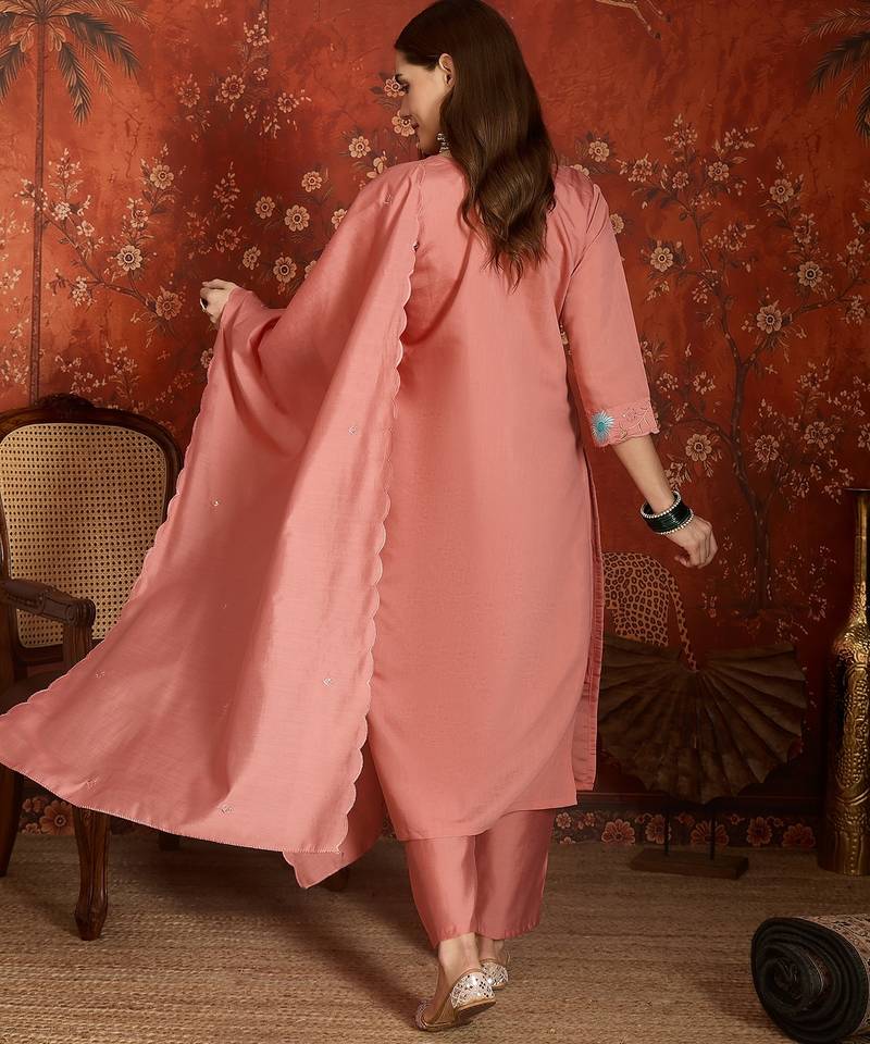 Peach roman silk partywear readymade suit