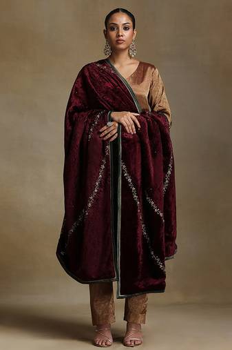 Wine hand embroidered velvet doshala