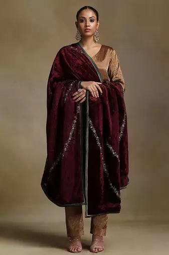 Wine hand embroidered velvet doshala