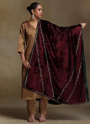 Wine hand embroidered velvet doshala 2