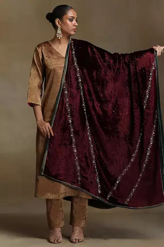 Wine hand embroidered velvet doshala