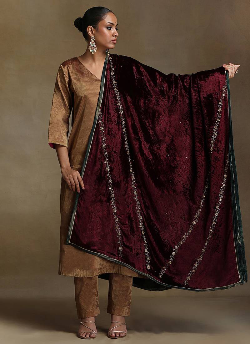 Wine hand embroidered velvet doshala