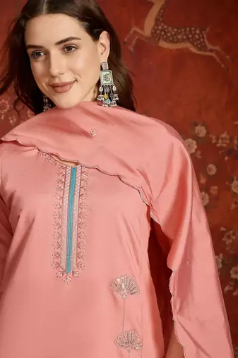 Peach color roman silk fabric beautiful partywear readymade suit