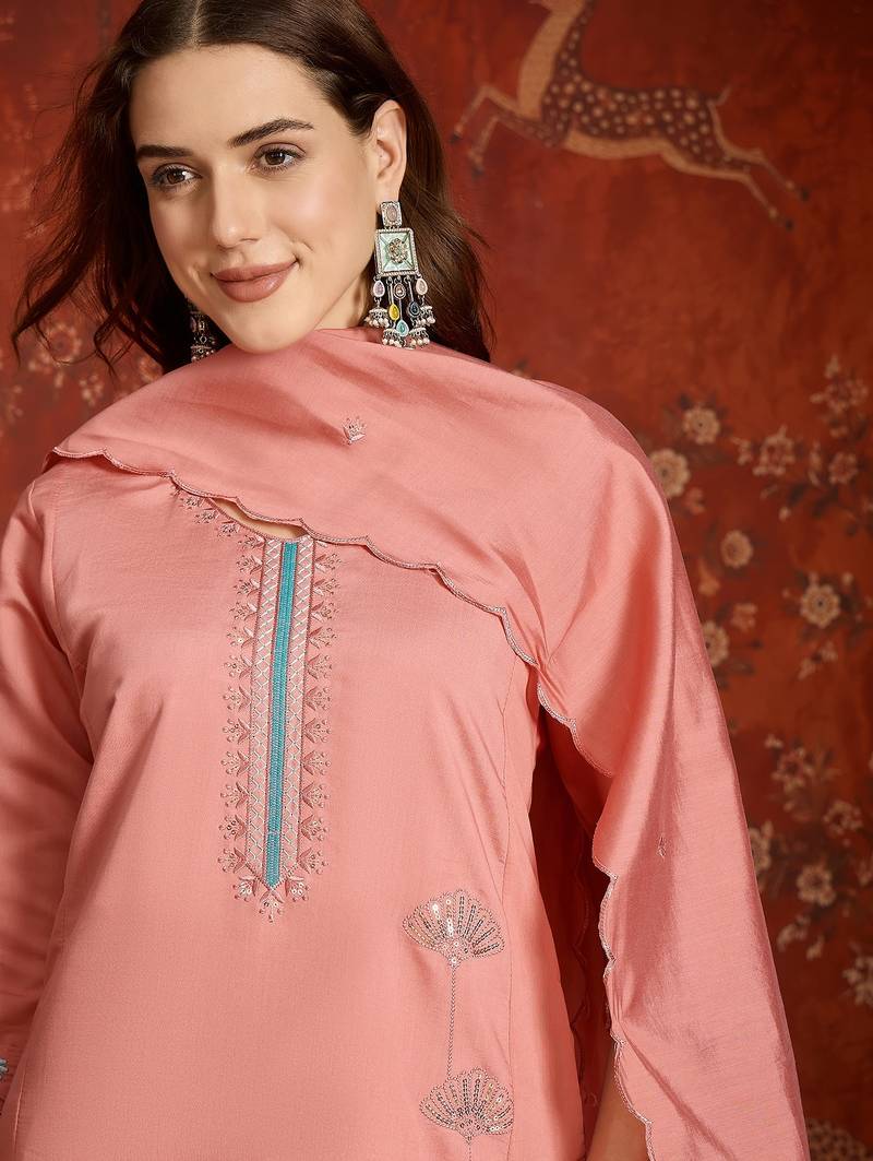 Peach roman silk partywear readymade suit