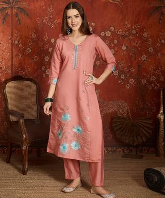 Peach roman silk partywear readymade suit 4