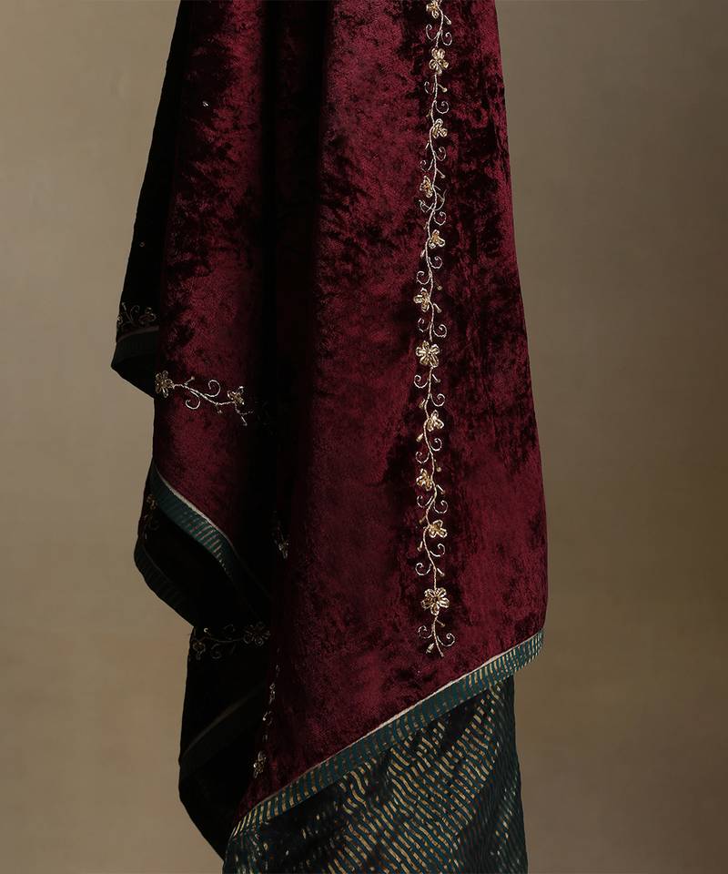 Wine hand embroidered velvet doshala