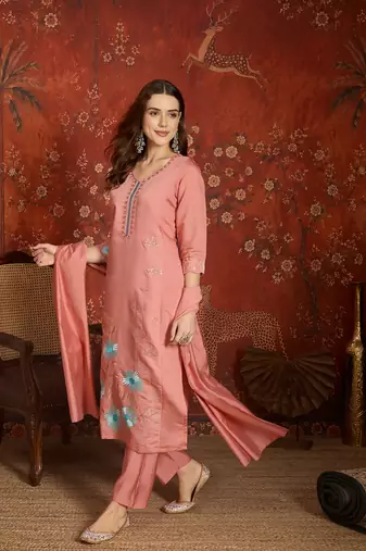 Peach color roman silk fabric beautiful partywear readymade suit