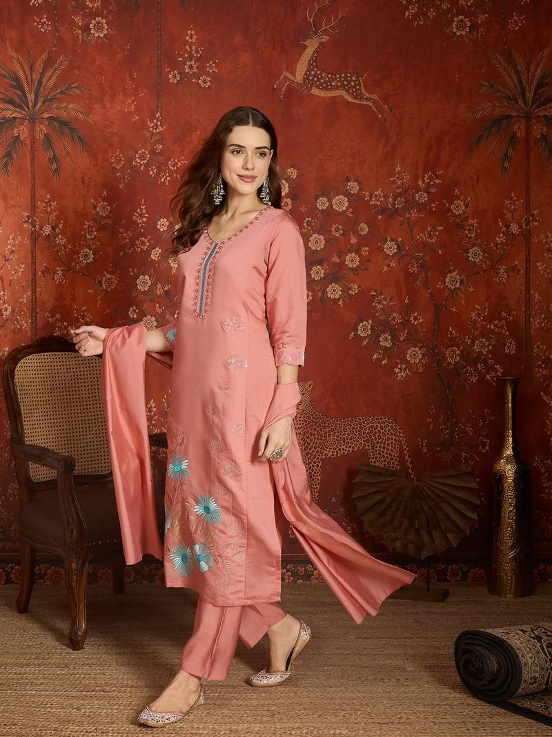 Peach roman silk partywear readymade suit