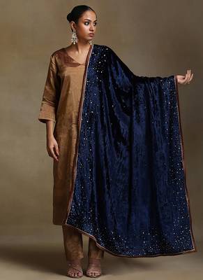Navy blue hand embroidered velvet doshala 1