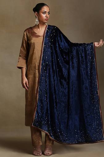 Navy blue hand embroidered velvet doshala