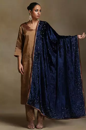 Navy blue hand embroidered velvet doshala