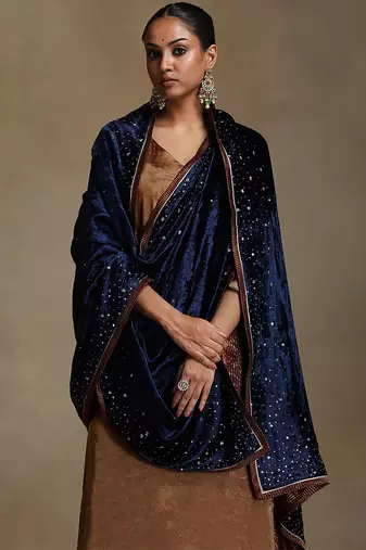 Navy blue hand embroidered velvet doshala