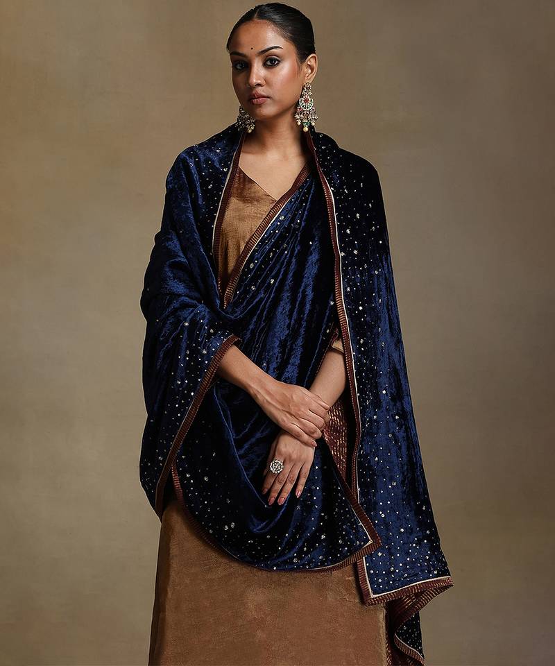 Navy blue hand embroidered velvet doshala