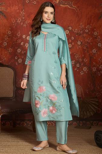 Sky blue roman silk partywear readymade suit