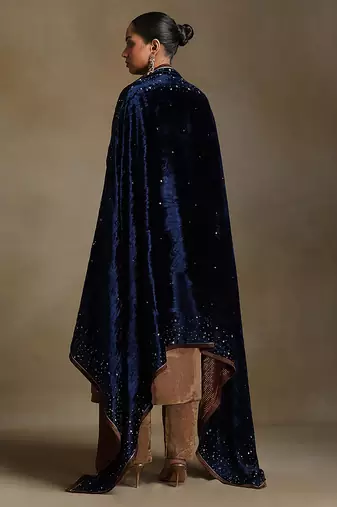 Navy blue hand embroidered velvet doshala