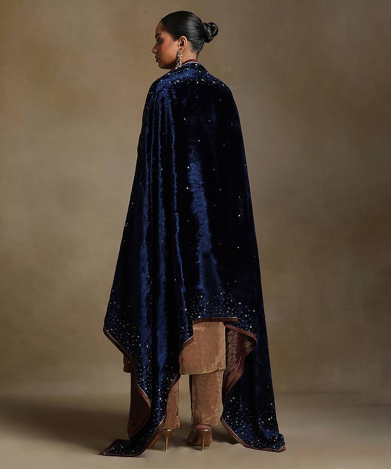 Navy blue hand embroidered velvet doshala