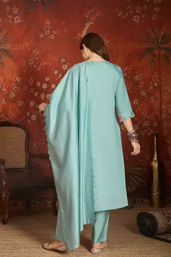 Sky blue color roman silk fabric beautiful partywear readymade suit