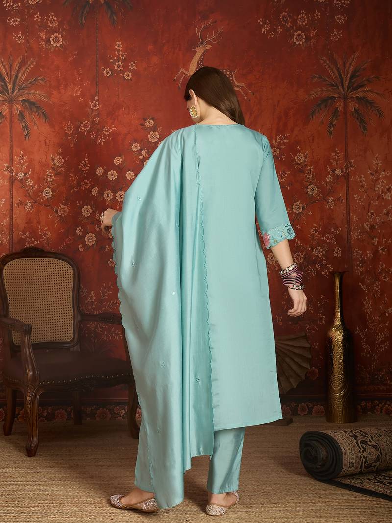 Sky blue roman silk partywear readymade suit