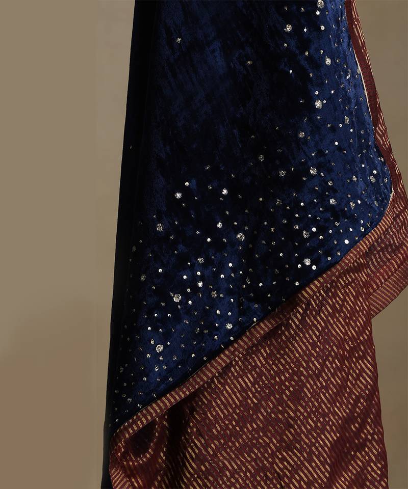 Navy blue hand embroidered velvet doshala
