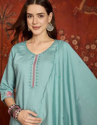 Sky blue roman silk partywear readymade suit 3