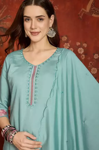 Sky blue color roman silk fabric beautiful partywear readymade suit