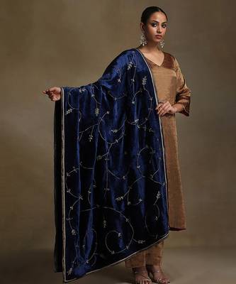 Royal blue hand embroidered velvet doshala 1