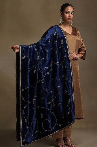 Royal blue hand embroidered velvet doshala