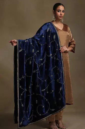 Royal blue hand embroidered velvet doshala