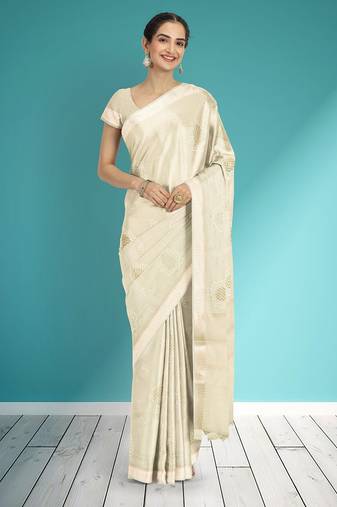Champagne ivory white & pearl white banarasi semi dupion saree with running blouse