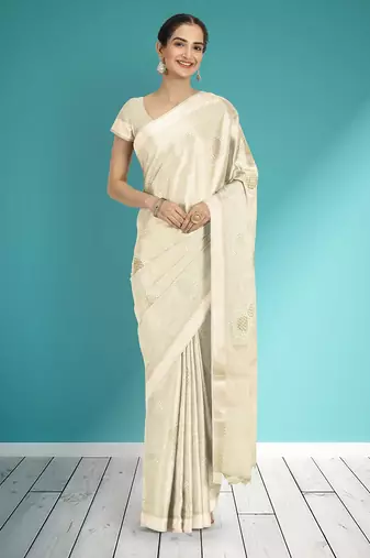 Champagne ivory white & pearl white banarasi semi dupion saree with running blouse
