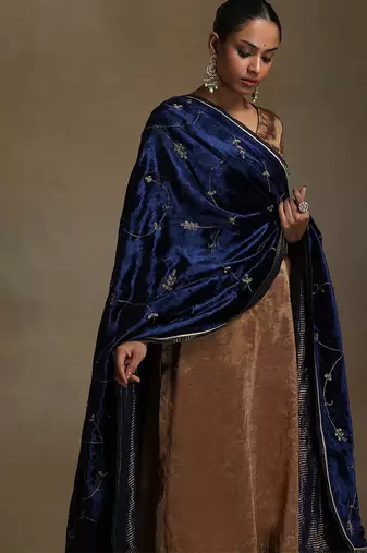 Royal blue hand embroidered velvet doshala